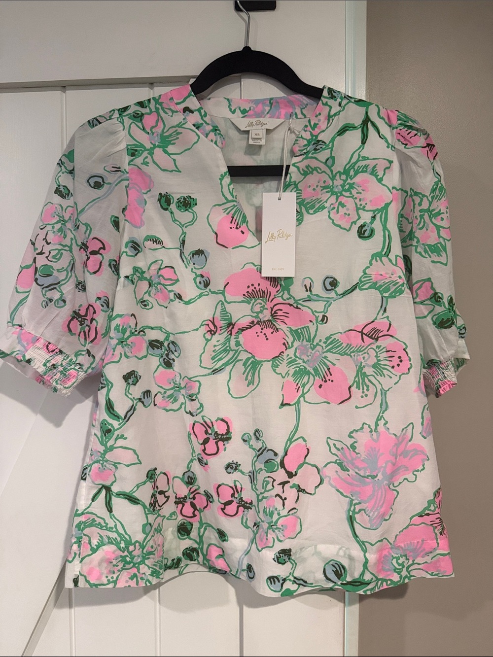 Lilly Pulitzer White Top with Pink & Green Floral Print